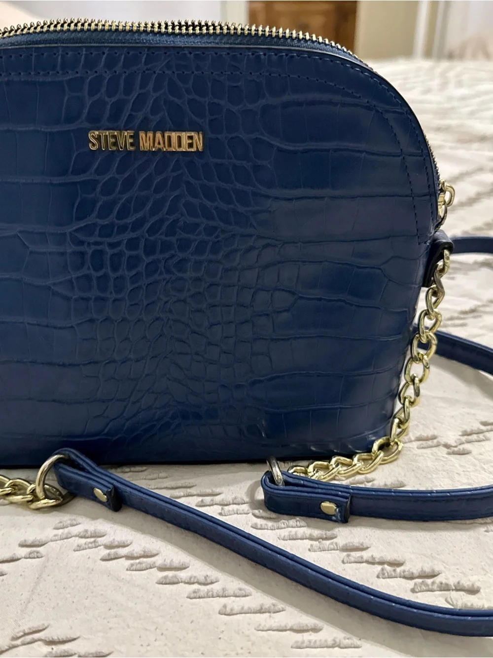 Steve Madden Navy Croc-Embossed Crossbody with Gold Chain Detail